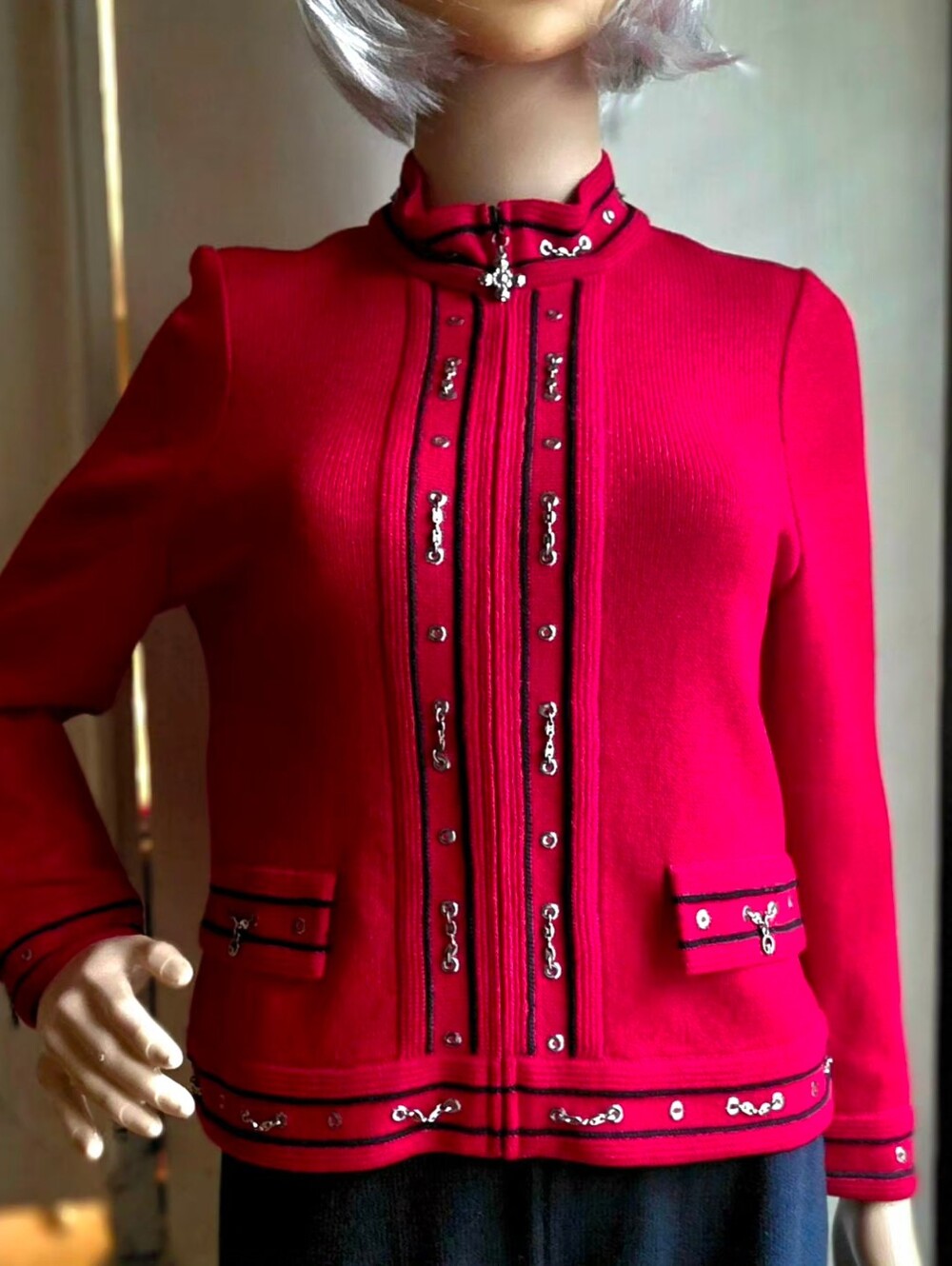 St John Collection Size 2 Red Black Knit Jacket Chain Grommet Embellished
